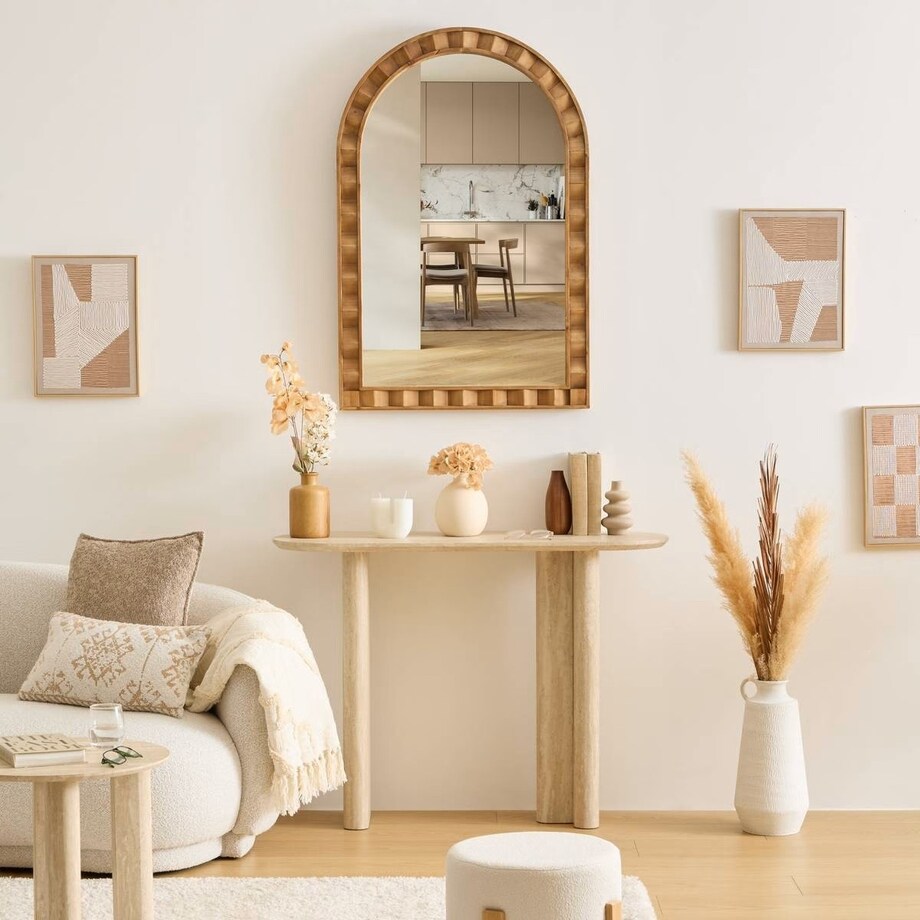 Lustro półowalne w drewnianej ramie, brązowe, 71x106 cm, Lucas