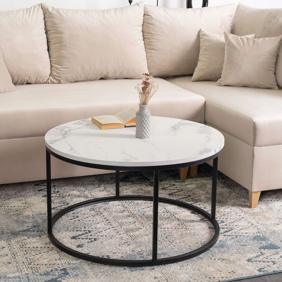 Stolik Kawowy Okrągły Glamour Biały Marmur Czarny CONNY MAX