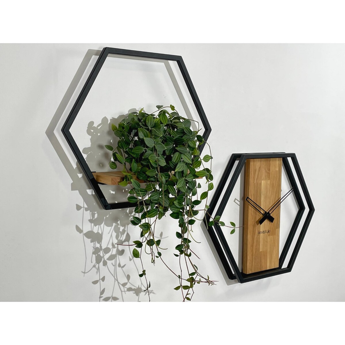 Zegar ścienny drewniany do salonu LOFT HEXAGON 50cm