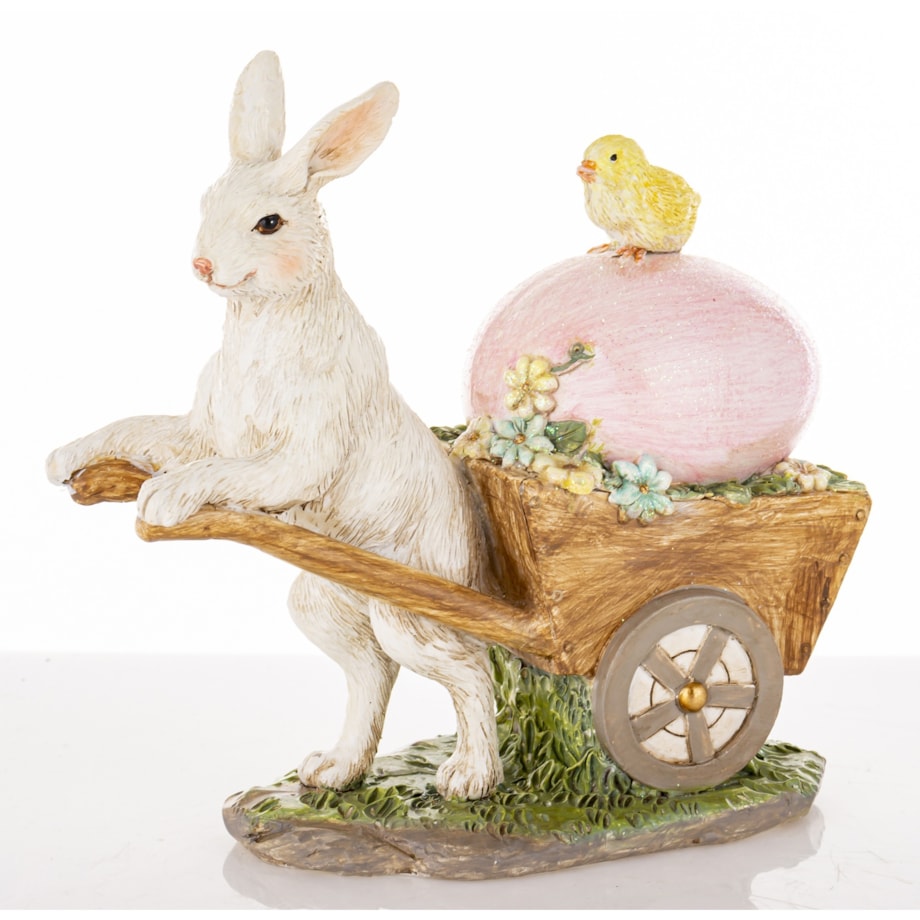 Dekoracja - królik z taczką, jajkiem i kurczaczkiem 13x13x6 cm