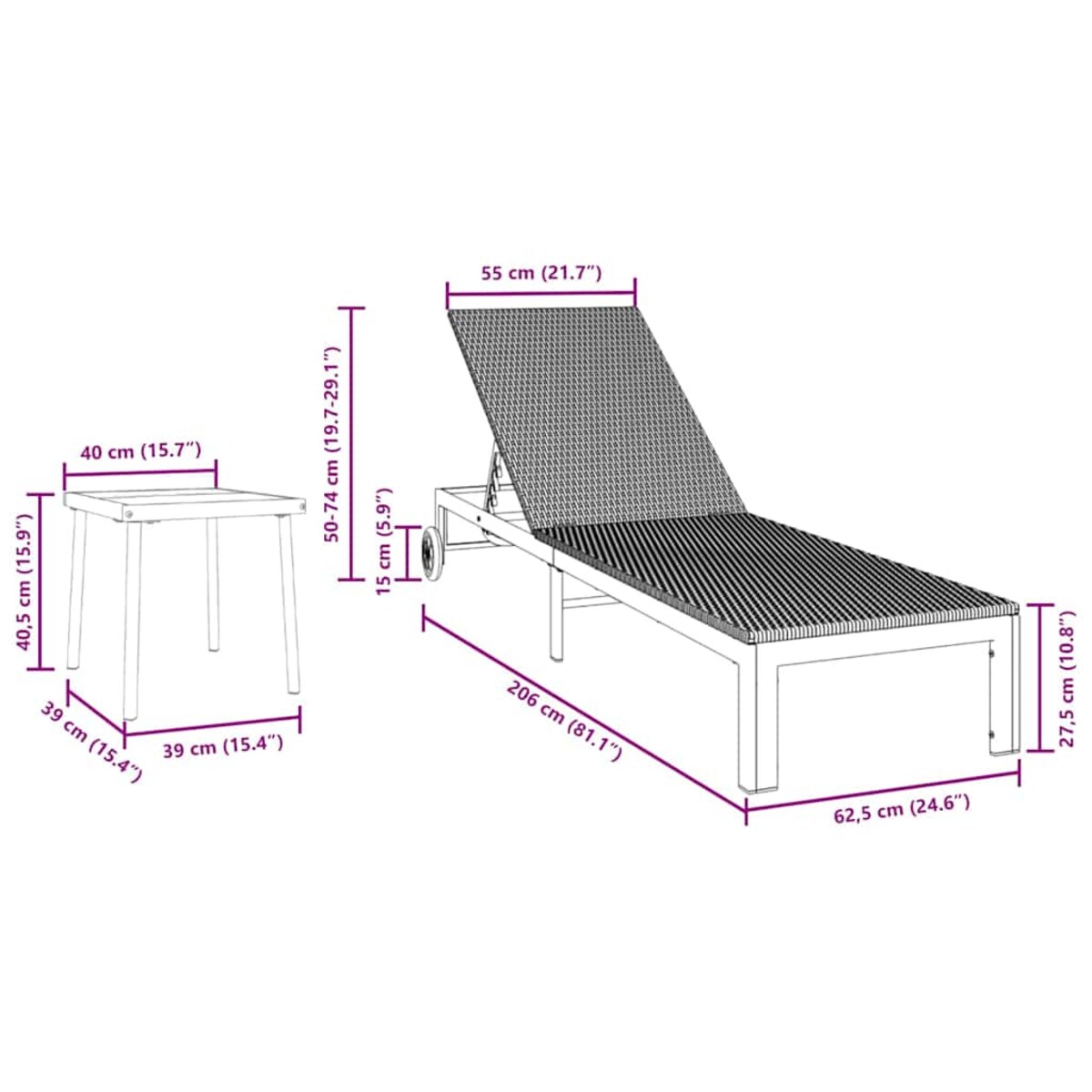 vidaXL Leżak z poduszką 3 pcs Czarny 40 x 39 x 40.5cm polirattan