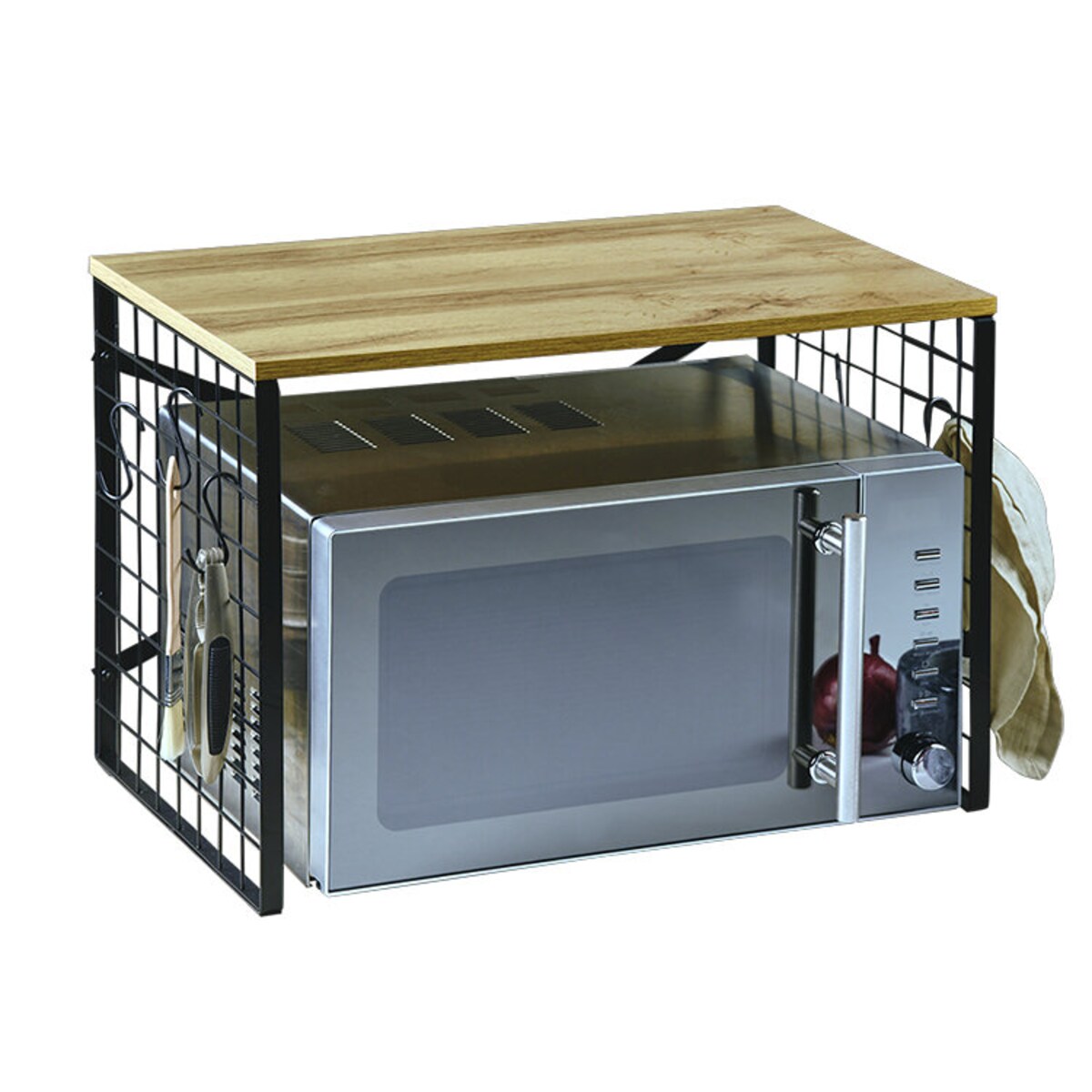 Metalowa półka kuchnna z haczykami i dębowym dekorem, 52 x 32,5 cm