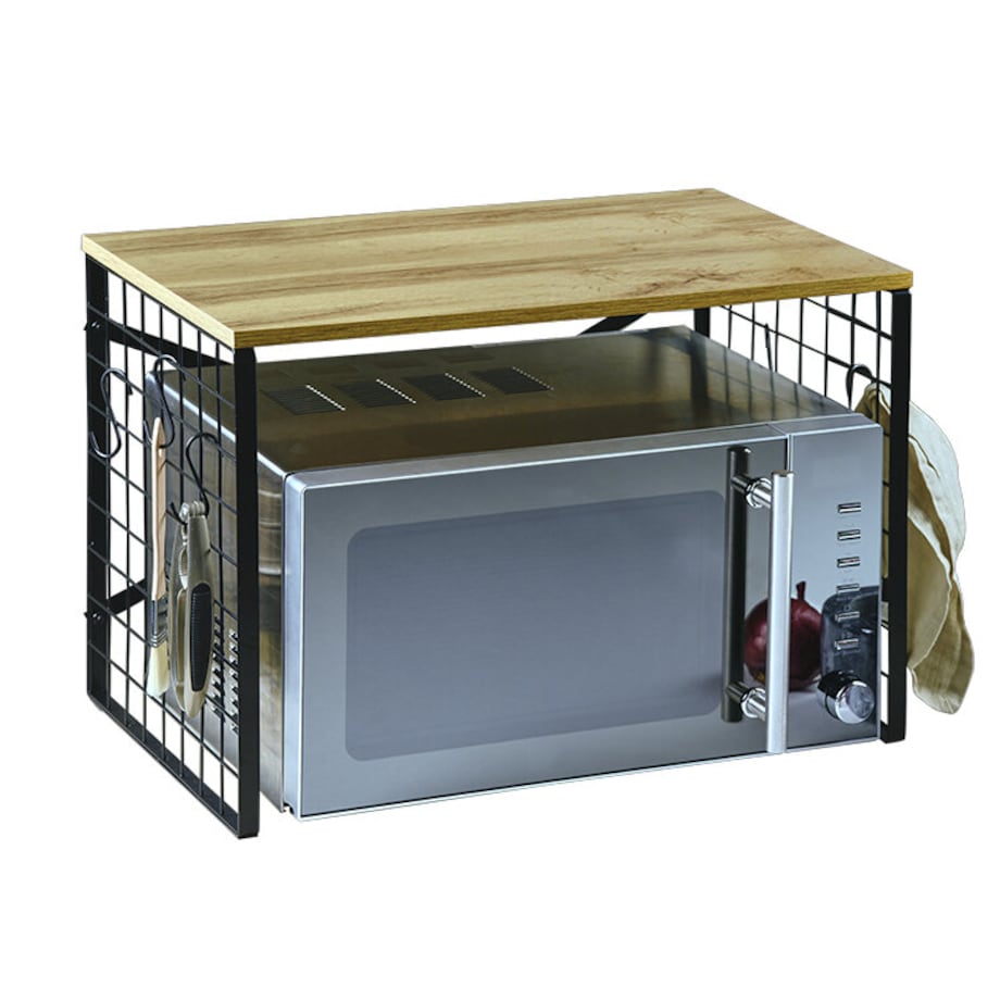 Metalowa półka kuchnna z haczykami i dębowym dekorem, 52 x 32,5 cm