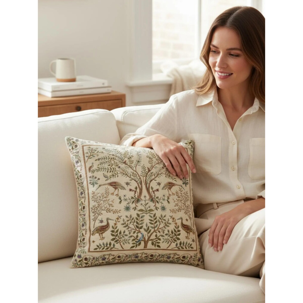 Dwustronna poduszka gobelinowa w czaple i folkowe motywy roślinne 45x45