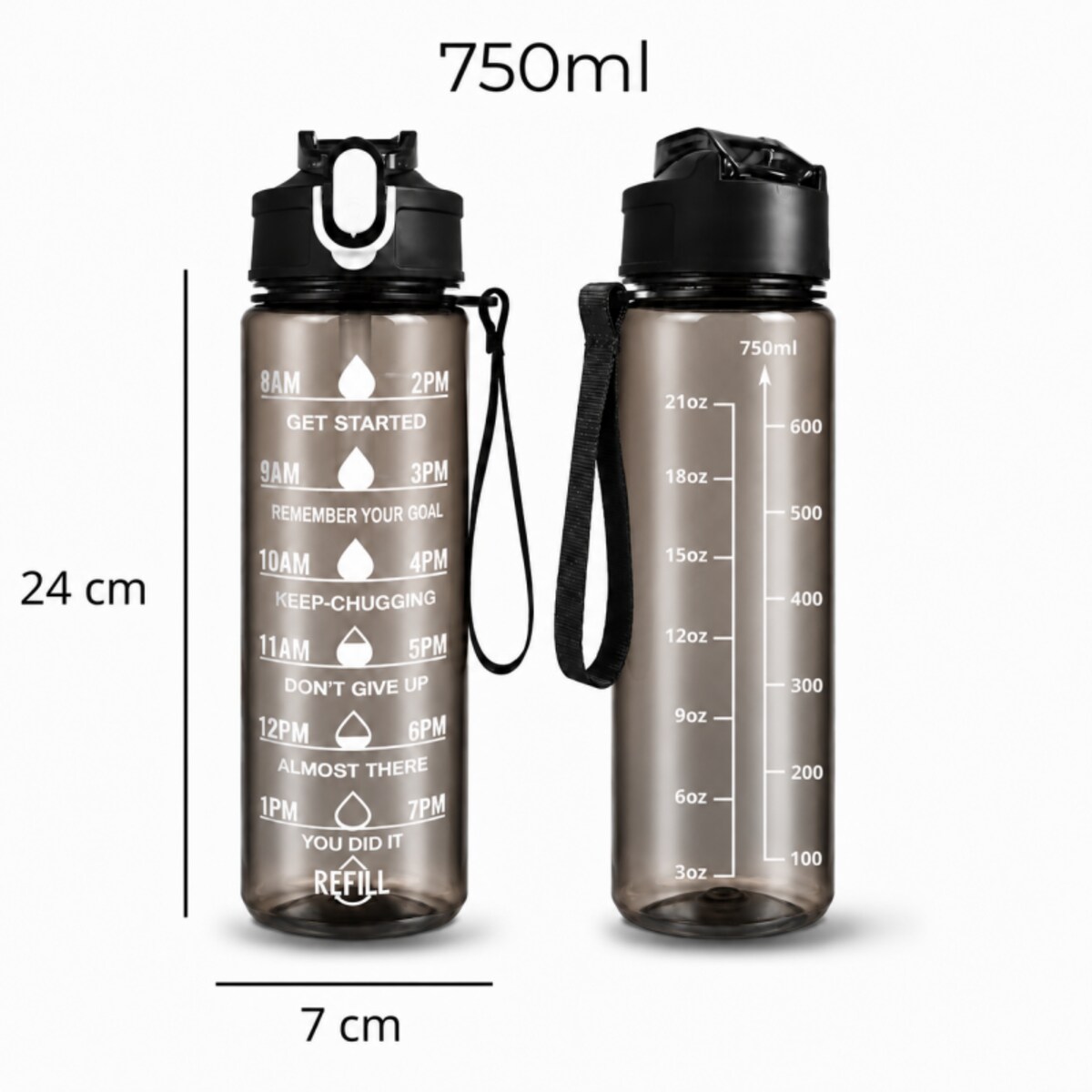 Butelka na wodę, sportowy bidon z miarką i hasłami motywacyjnymi 750ML czarna BD60