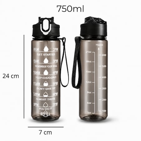 Butelka na wodę, sportowy bidon z miarką i hasłami motywacyjnymi 750ML czarna BD60