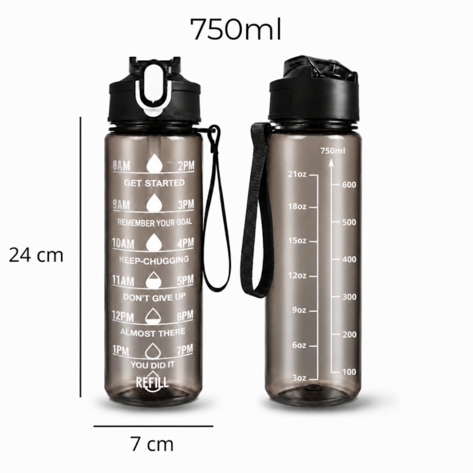Butelka na wodę, sportowy bidon z miarką i hasłami motywacyjnymi 750ML czarna BD60