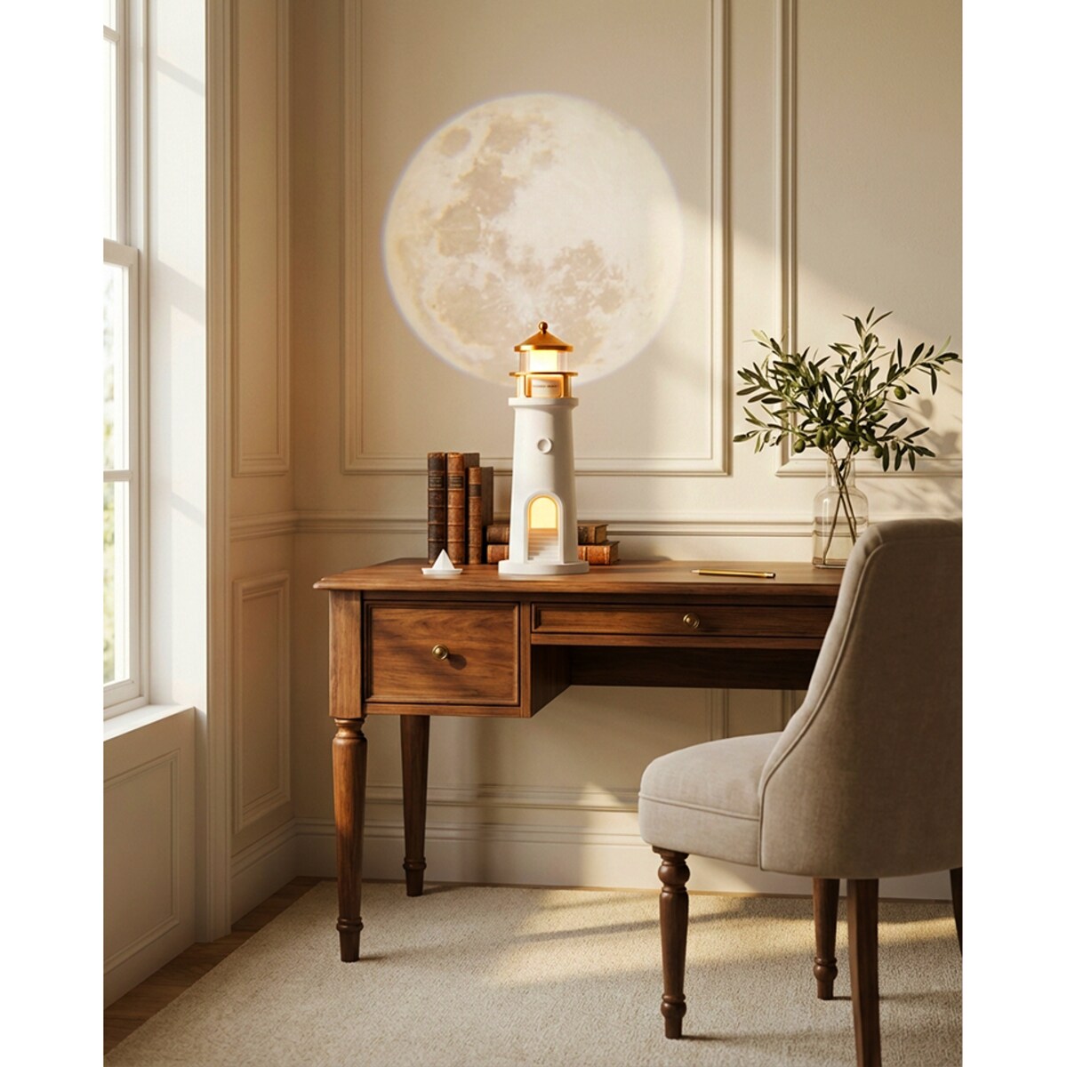 Lampka nocna z projektorem księżyc SHP LIGHTHOUSE biało-złota