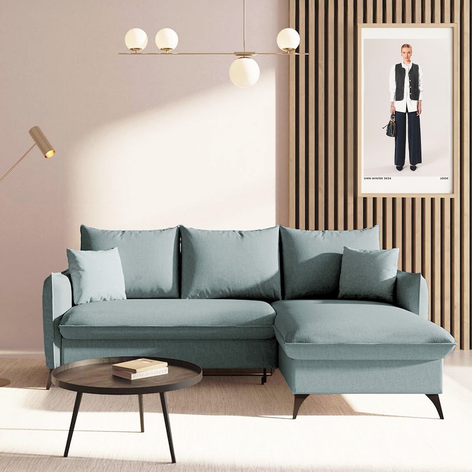 Brim Sofa narożna prawa z funkcją spania i pojemnikiem prawa jasnoniebieska