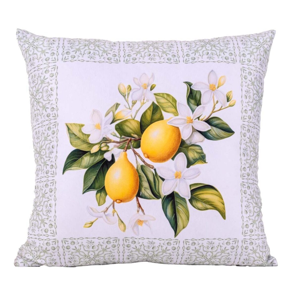 Poszewka dekoracyjna 43x43 biała, w zielony ornament i cytryny, Darymex