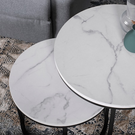 Stolik Kawowy Okrągły Loft Ława Do Salonu 2w1 DAFNE Biały Marmur Czarny