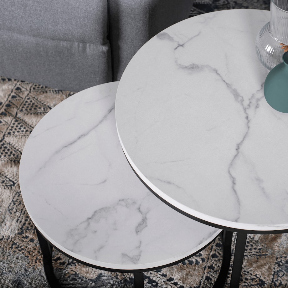 Stolik Kawowy Okrągły Loft Ława Do Salonu 2w1 DAFNE Biały Marmur Czarny