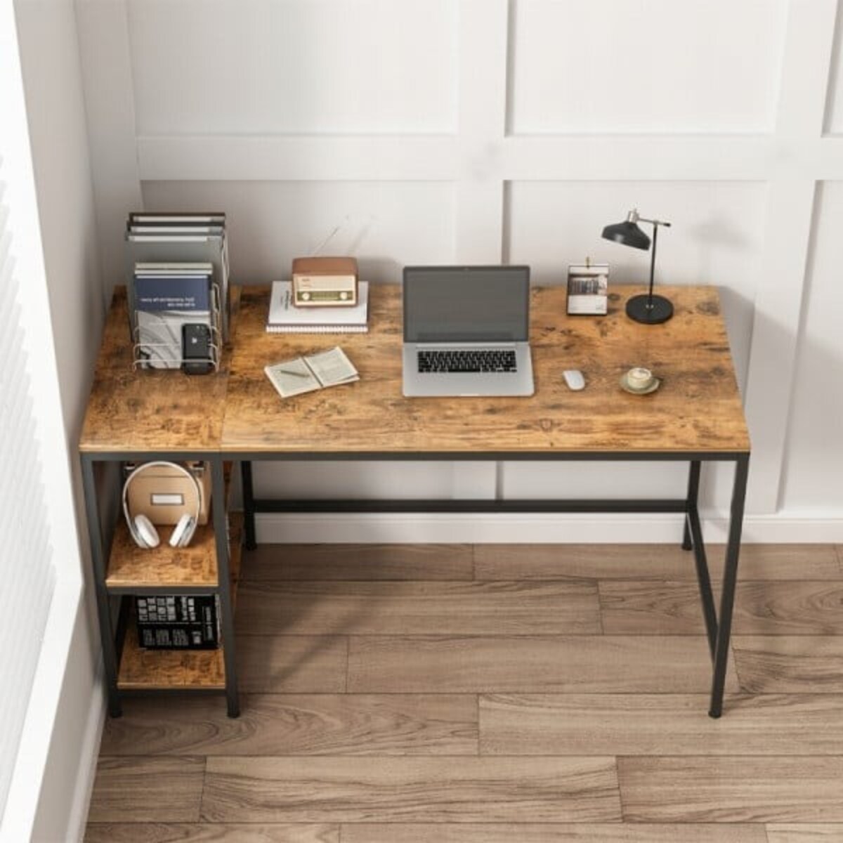 Biurko komputerowe stolik vintage rustykalny brąz loft z 2 półkami 120 cm