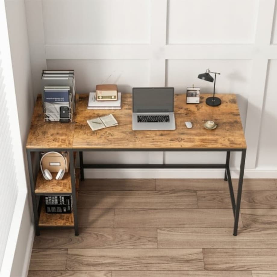 Biurko komputerowe stolik vintage rustykalny brąz loft z 2 półkami 120 cm