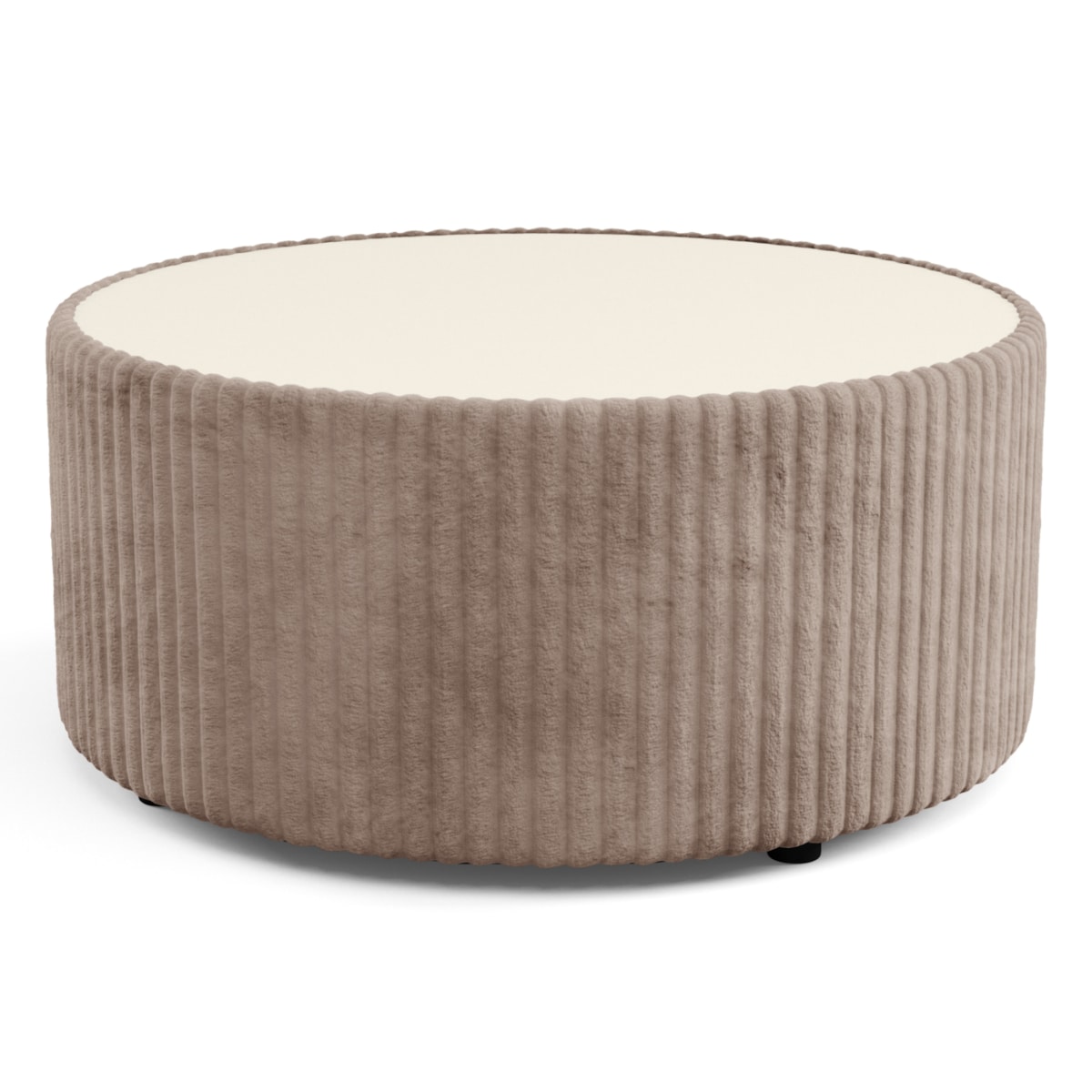 Stolik okrągły kawowy tapicerowany MIJA w tkaninie Tilia, jasno-brązowy