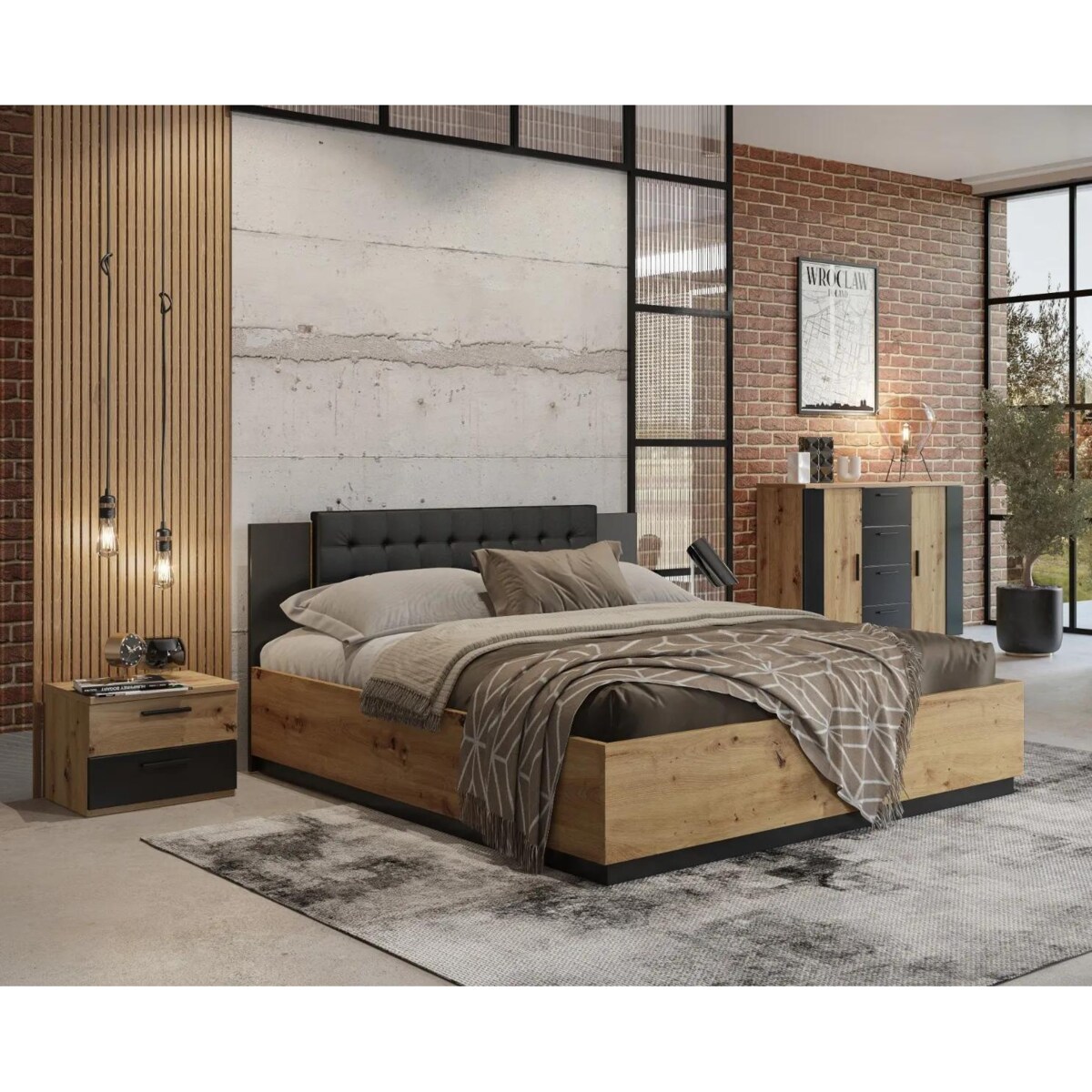 Łóżko SIGMA 140x200 dąb artisan/czarny mat z tapicerowanym zagłówkiem
