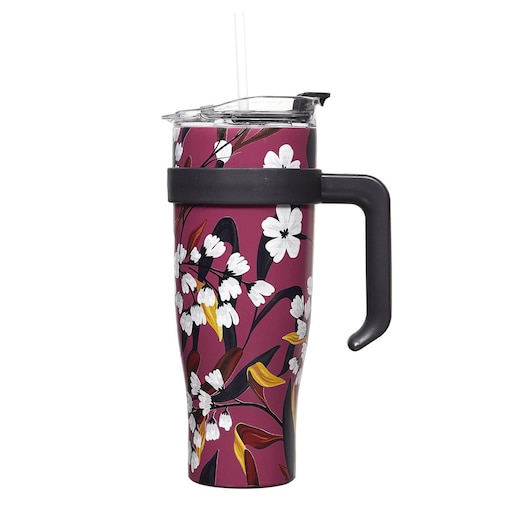 KUBEK TERMICZNY z uchwytem i słomką Fleur 1,2L różowy