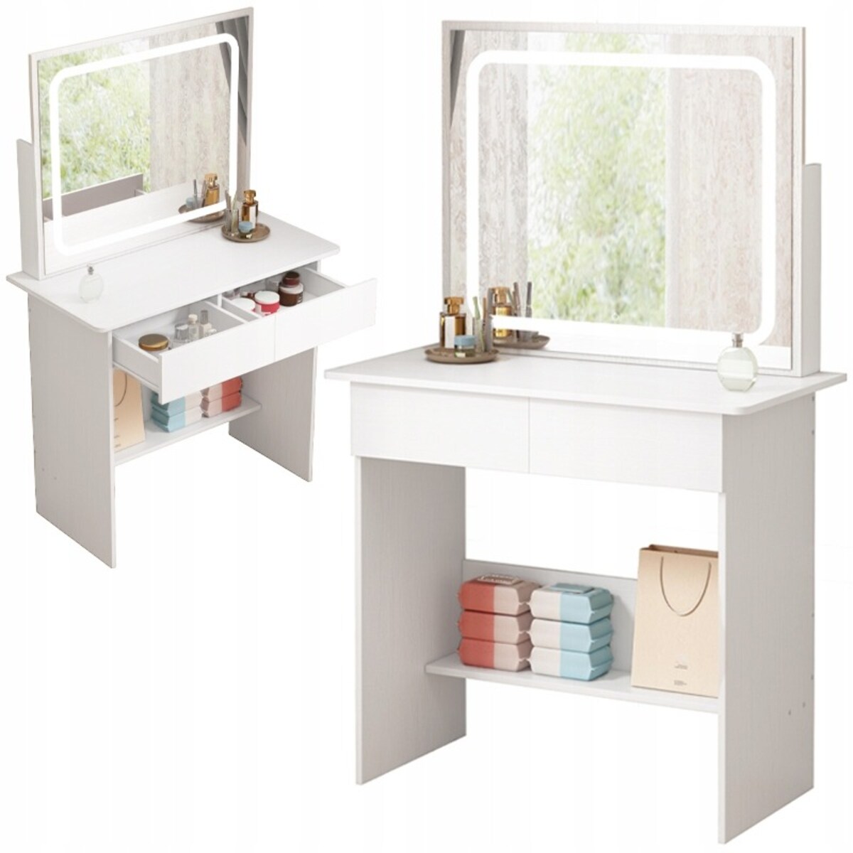 Toaletka kosmetyczna do makijażu z lustrem led nowoczesna 90 cm