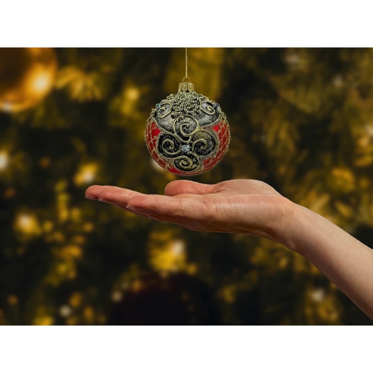 Bombka choinkowa: Czerwona ekskluzywna z bogatymi zdobieniami: 6 sztuk