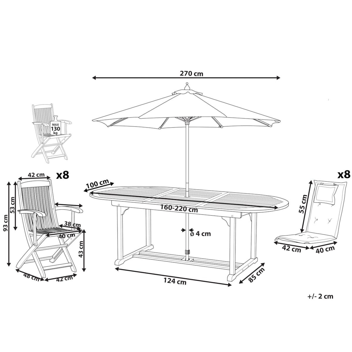 Zestaw ogrodowy dla 8 osób MAUI z parasolem Drewno akacjowe Bordowy