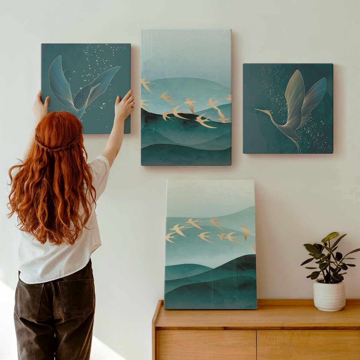 Zestaw 4 obrazów na płótnie - Abstrakcyjne pejzaże fal ptaków - turkusowy