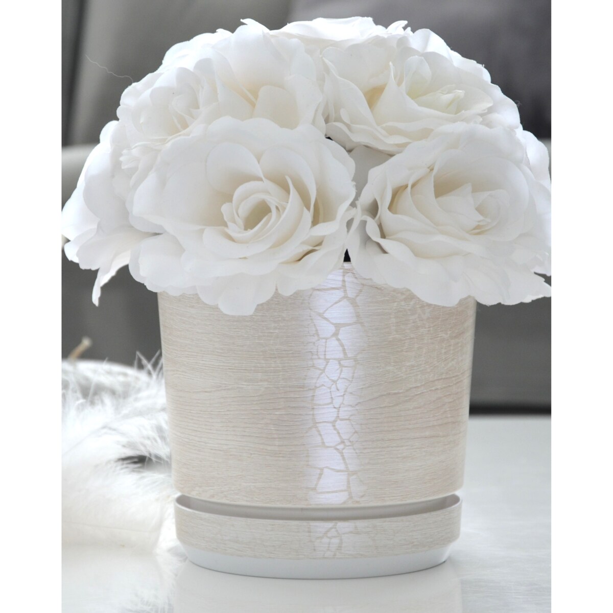 32 cm wzór SAFARI PERŁA Doniczka z podstawką efekt drewna tekstura bielonej deski duża donica szeroka