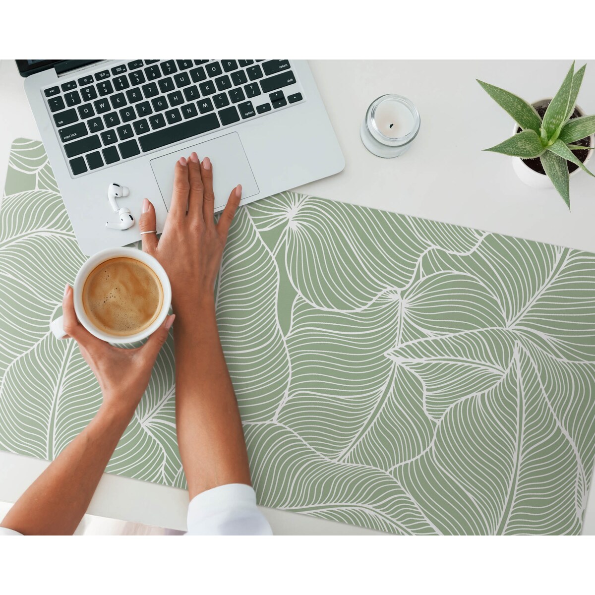 Zielona mata na biurko Liście z liniami, 100x50 cm