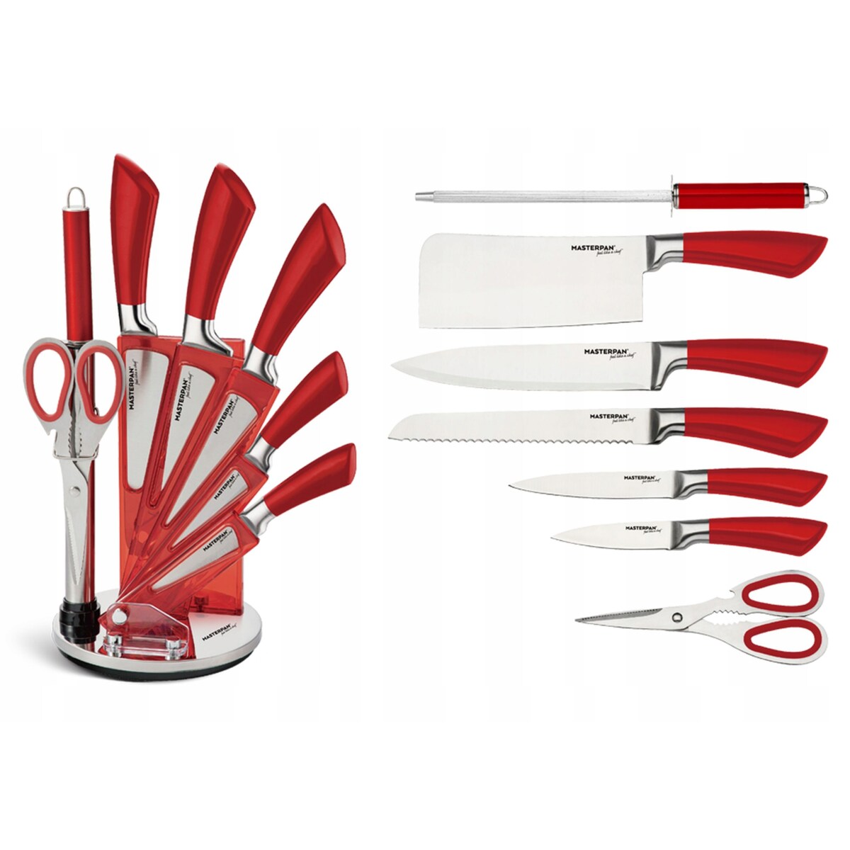Zestaw Komplet Noży Kuchennych W Stojaku 8 Szt. Ostrzałka Nożyczki Ostre