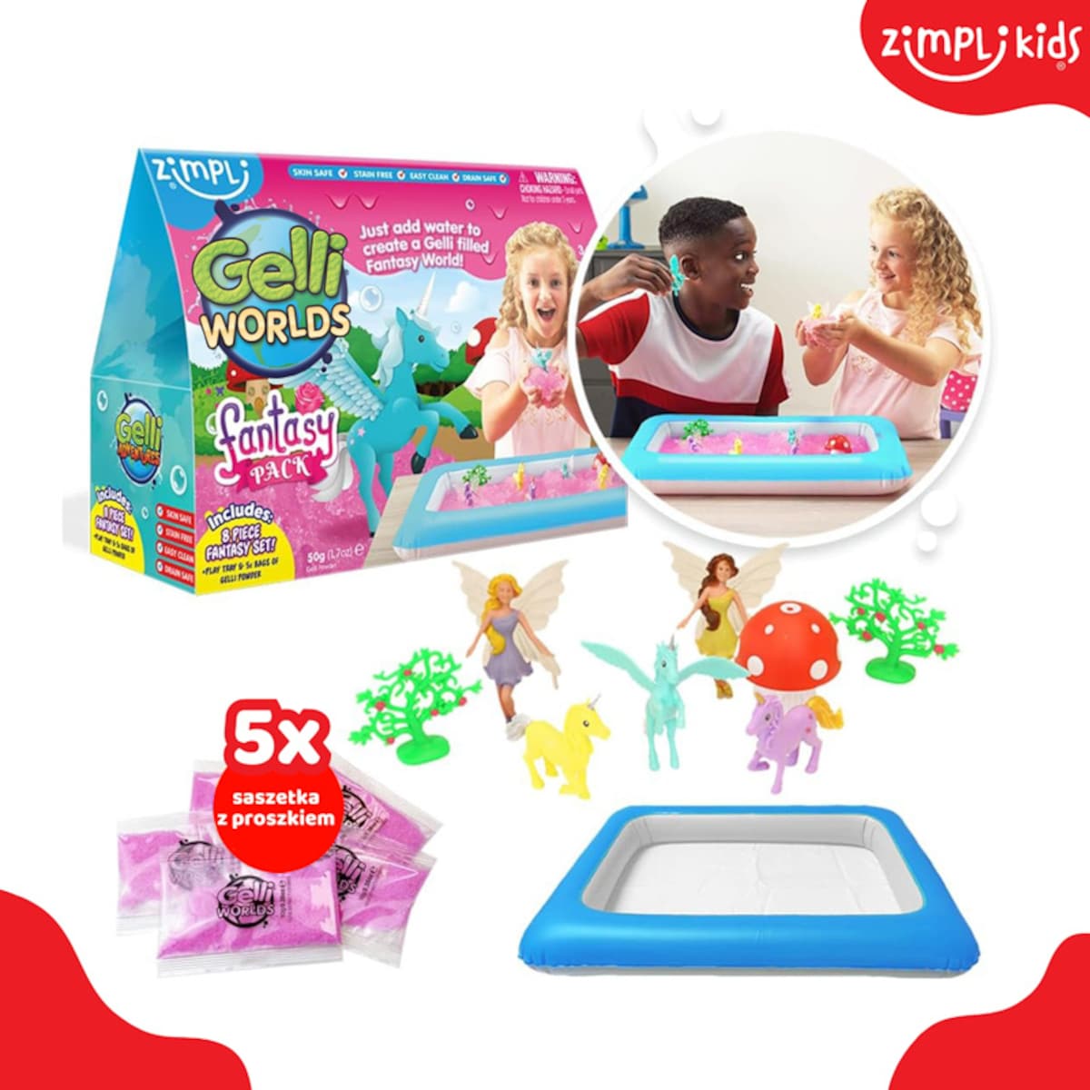 Magiczny proszek do wody – zestaw do tworzenia gelli z figurkami i tacą Gelli Worlds Fantasy Pack Zimpli Kids