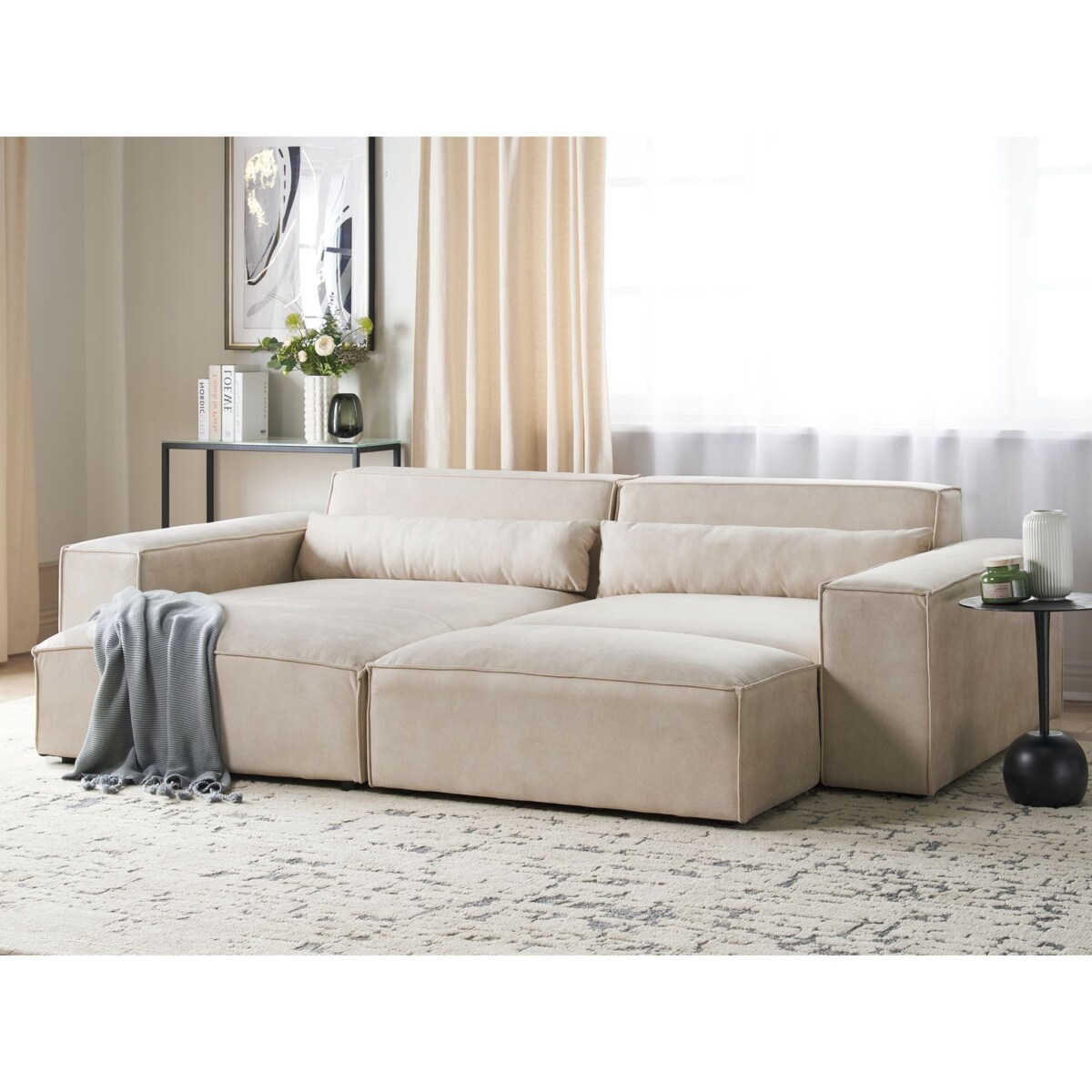 Narożnik modułowy 2-osobowy welurowy prawostronny z otomaną beżowy HELLNAR