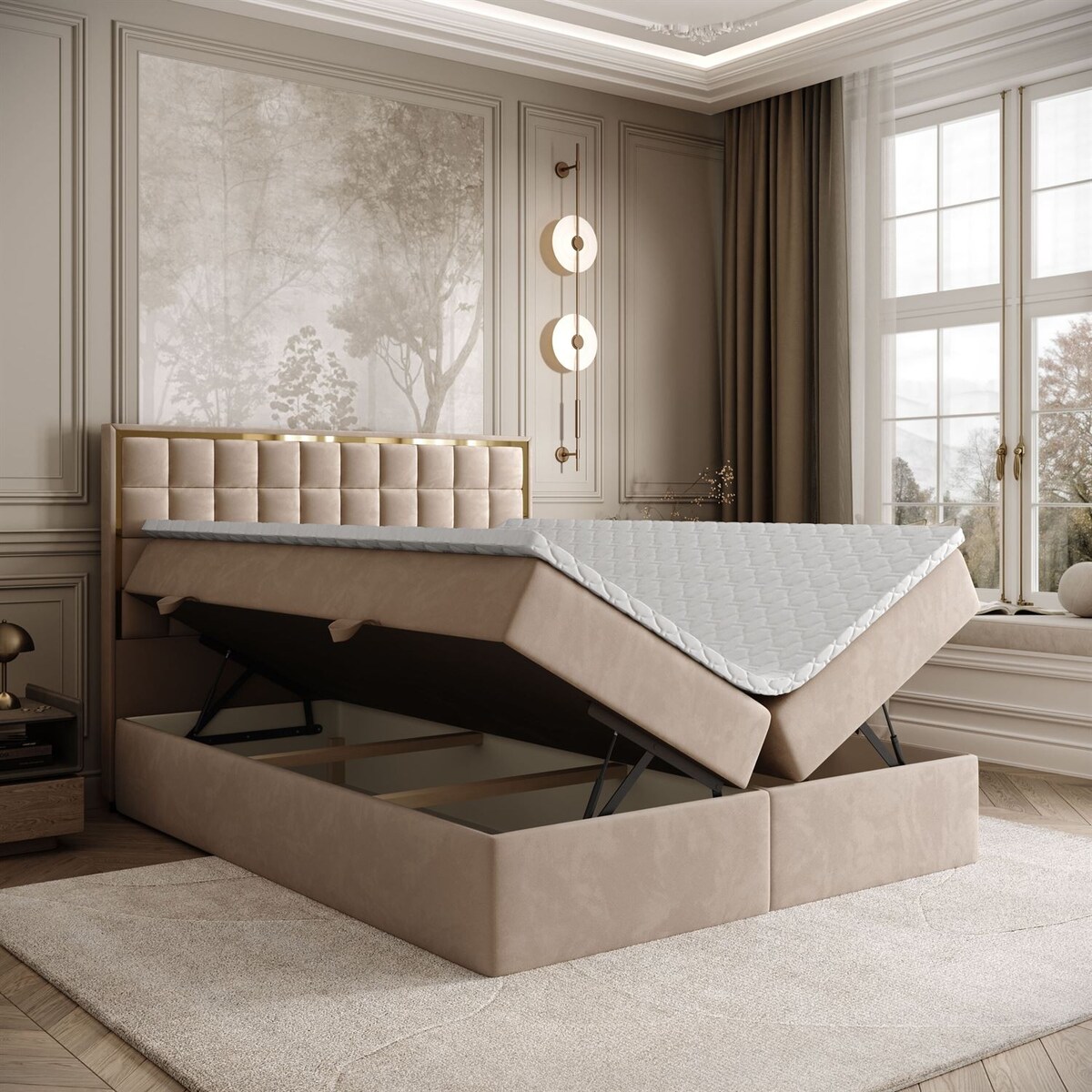 Łóżko kontynentalne ISADORA GOLD, pojemnik na pościel, 140x200, RV 170, topper