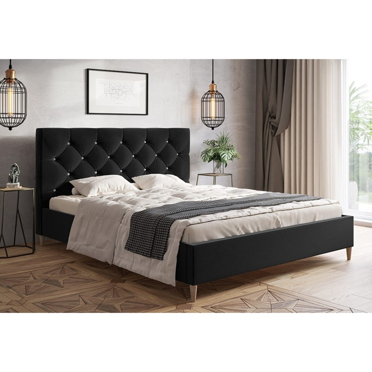 Łóżko tapicerowane 160x200 LUXO 6 pikowane, kryształki, do sypialni- czarne