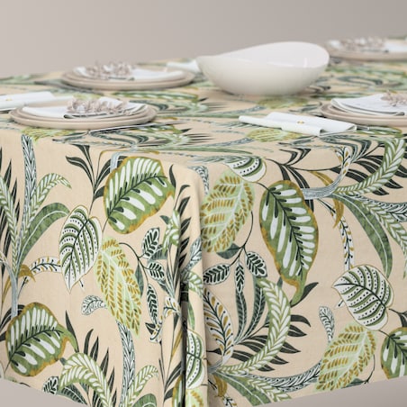 Obrus prostokątny 130 x 130 cm oliwkowo-zielone liście na lnianym tle