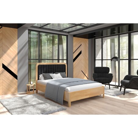Tapicerowane łóżko drewniane bukowe Visby MODENA BC z wysokim zagłówkiem / 160x200 cm, kolor naturalny, zagłówek Casablanca 2316 (skrzynia na pościel)