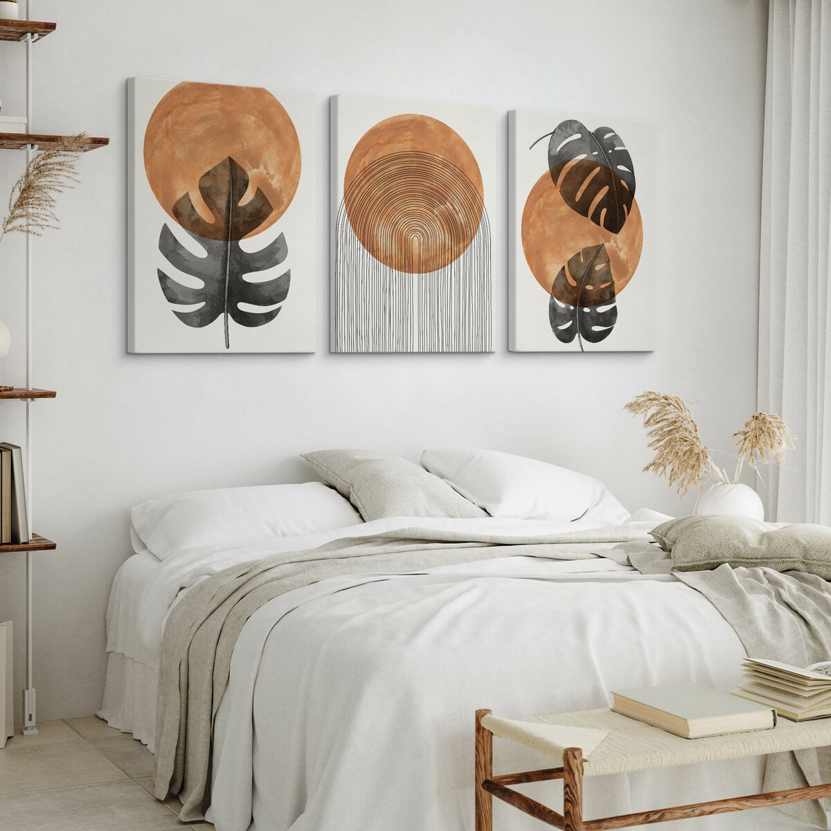 OBRAZY NA PŁÓTNIE SET LIŚCIE TROPIKALNE MONSTERY AKWARELE STYL BOHO 90x40cm