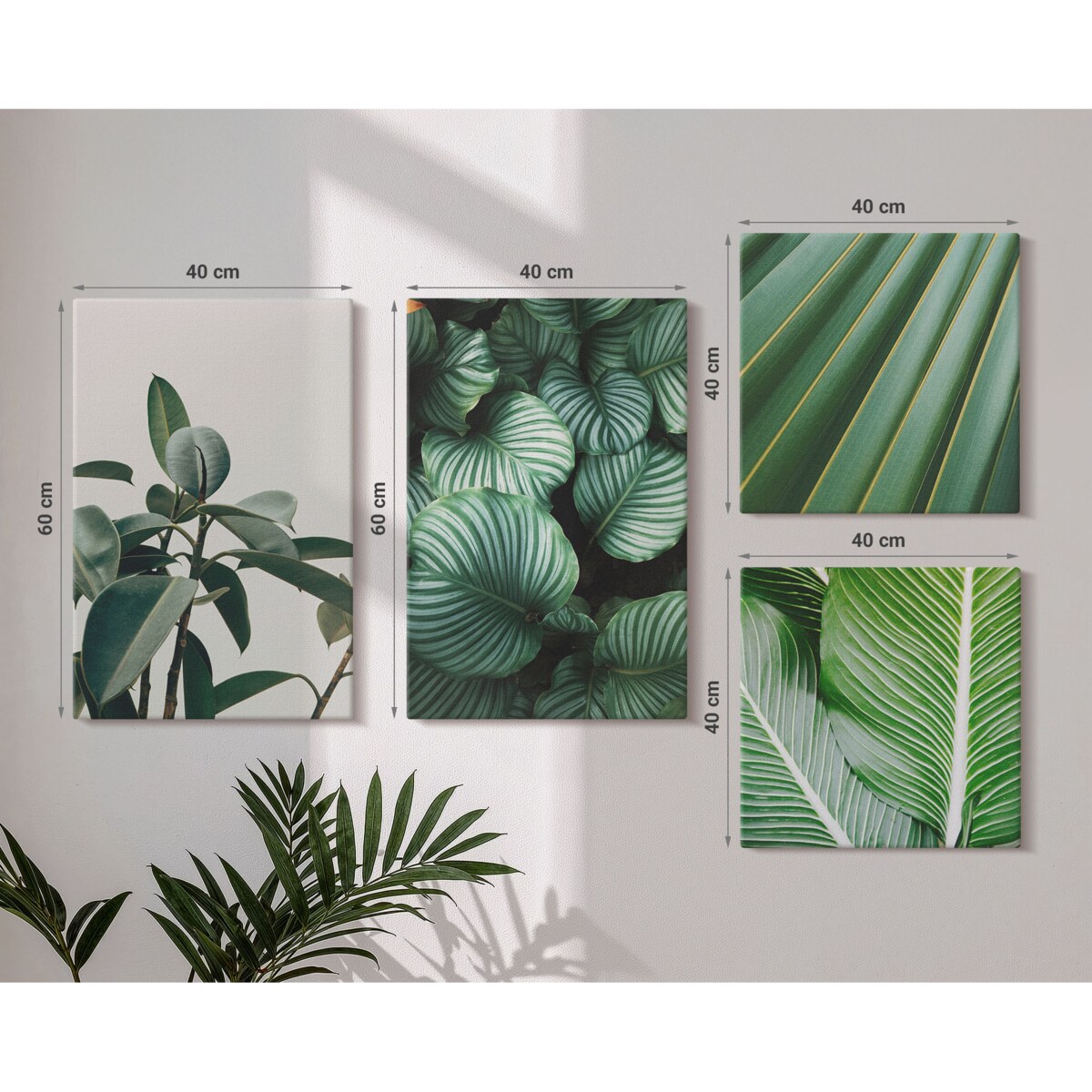 Zestaw 4 obrazów na płótnie - Liście tropikalne w zieleni - zielony