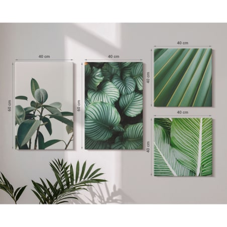 Zestaw 4 obrazów na płótnie - Liście tropikalne w zieleni - zielony