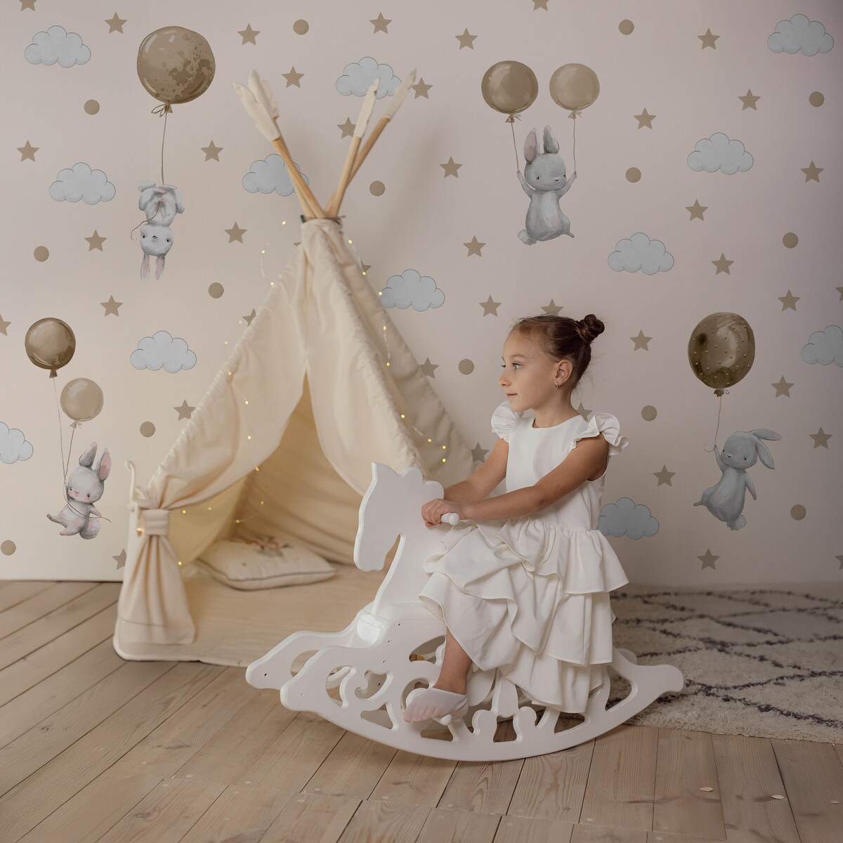 Naklejki Na Ścianę Dla Dzieci Króliczki Balony Chmury Gwiazdy Kropki ZESTAW 120x60cm