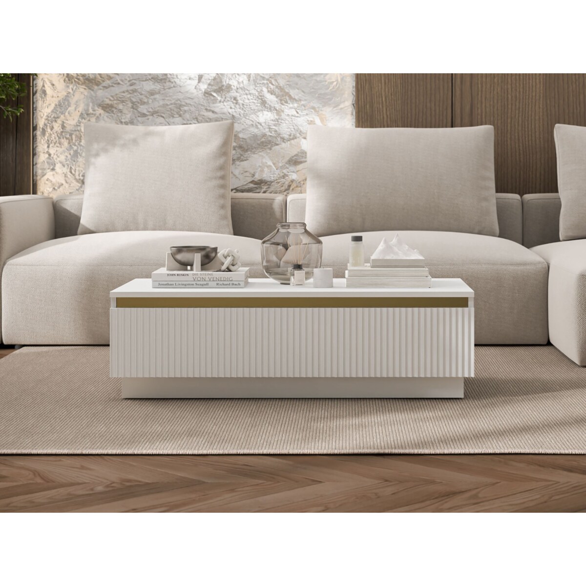 Nowoczesny Stolik kawowy Glamour prostokątny elegancka ława Biały Mat 109 cm