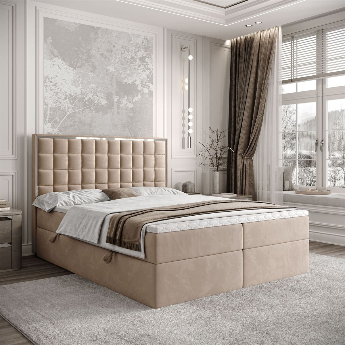 Łóżko kontynentalne ISADORA SILVER, pojemnik na pościel, 140x200, RV 170, topper