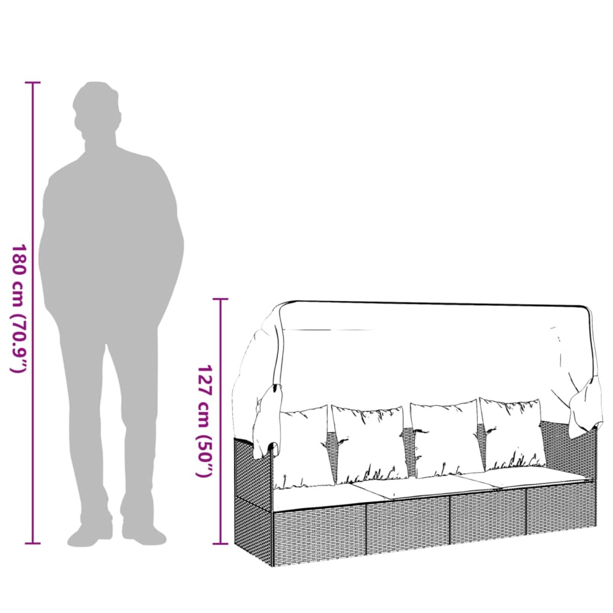vidaXL Leżanka ogrodowa z daszkiem i poduszkami, brązowa, polirattan