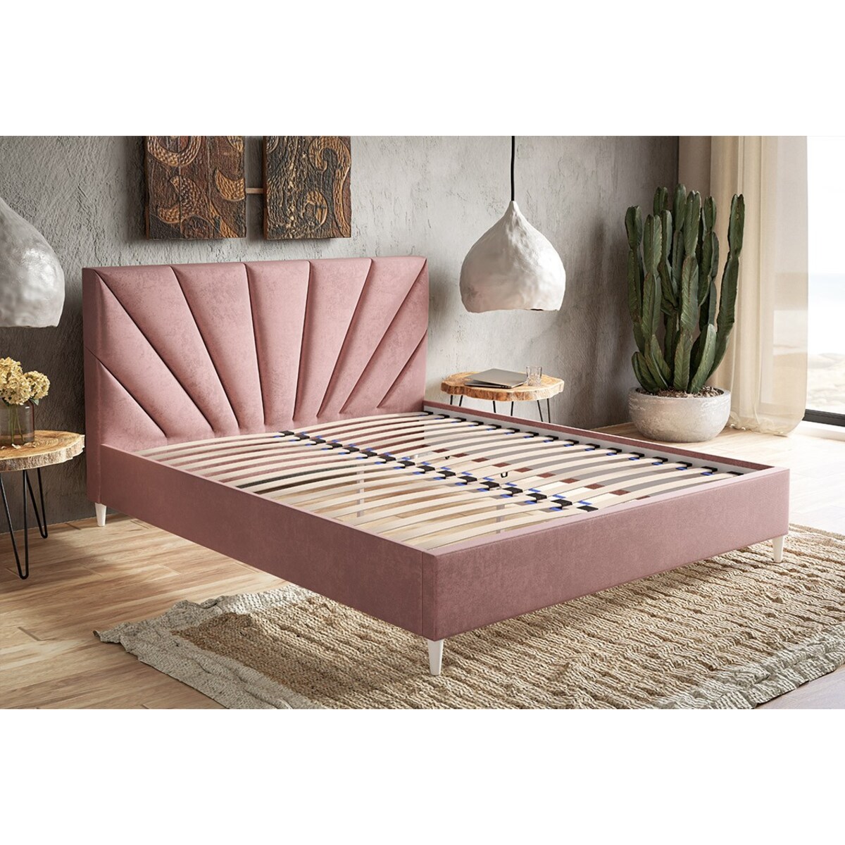 Łóżko jednoosobowe 120x200 LUXO 3 tapicerowane, na wysokich nogach- różowe