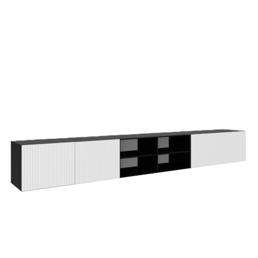 Szafka RTV NOELI 300 otwarta z półkami do salonu, ryflowana-czerny+biały