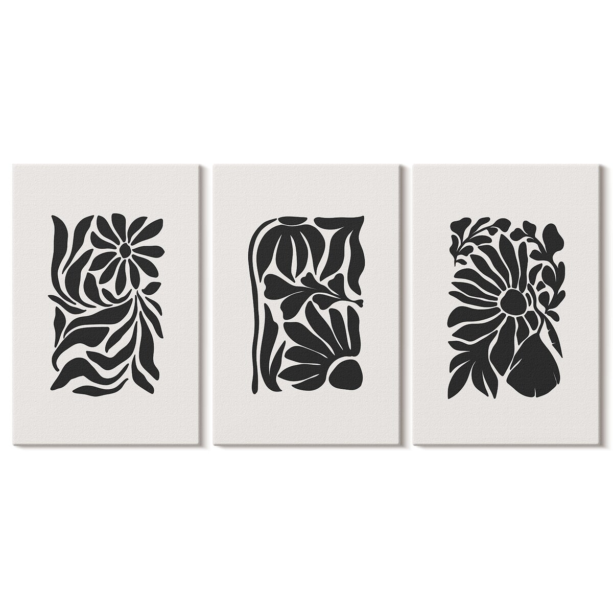 Zestaw 3 małych obrazów na płótnie - Abstrakcyjne roślinne wzory boho - czarno-biały