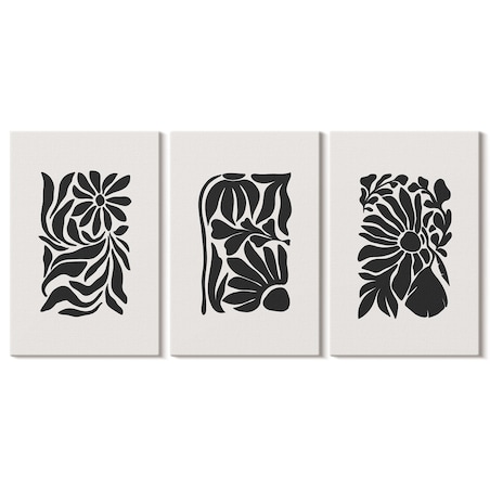 Zestaw 3 małych obrazów na płótnie - Abstrakcyjne roślinne wzory boho - czarno-biały