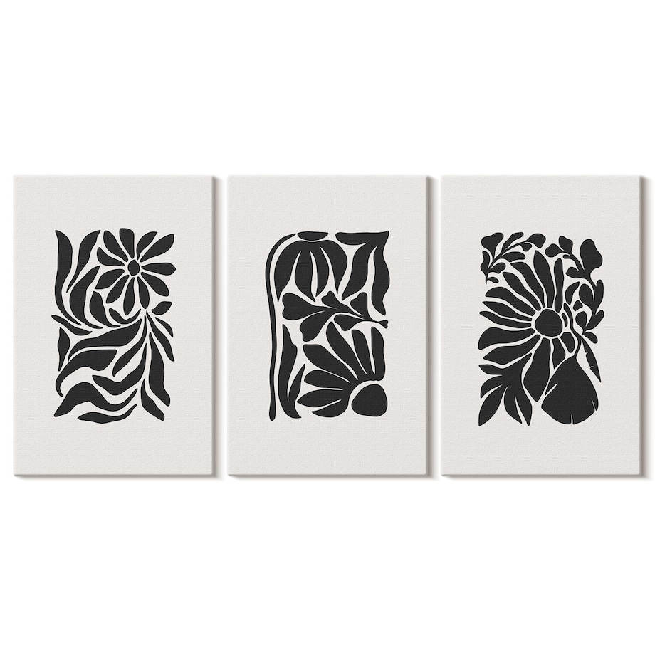 Zestaw 3 małych obrazów na płótnie - Abstrakcyjne roślinne wzory boho - czarno-biały