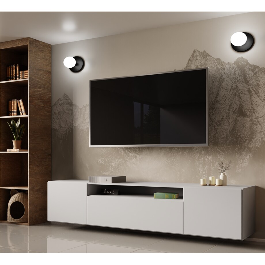 Szafka RTV LION 200cm wisząca, do pokoju gościnnego, proste fronty- biała