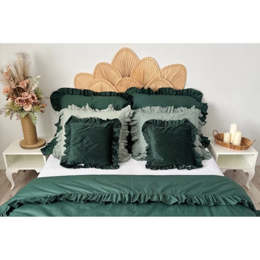 Pościel Bawełniana Z Falbanką Zestaw Komplet Do Sypialni Kołdra + 6 Poduszek 180X200 Cm Butelkowa Zieleń Boho