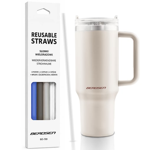 Kubek termiczny Berdsen kremowy 1180ml stal nierdzewna zimne ciepłe napoje + zestaw słomek
