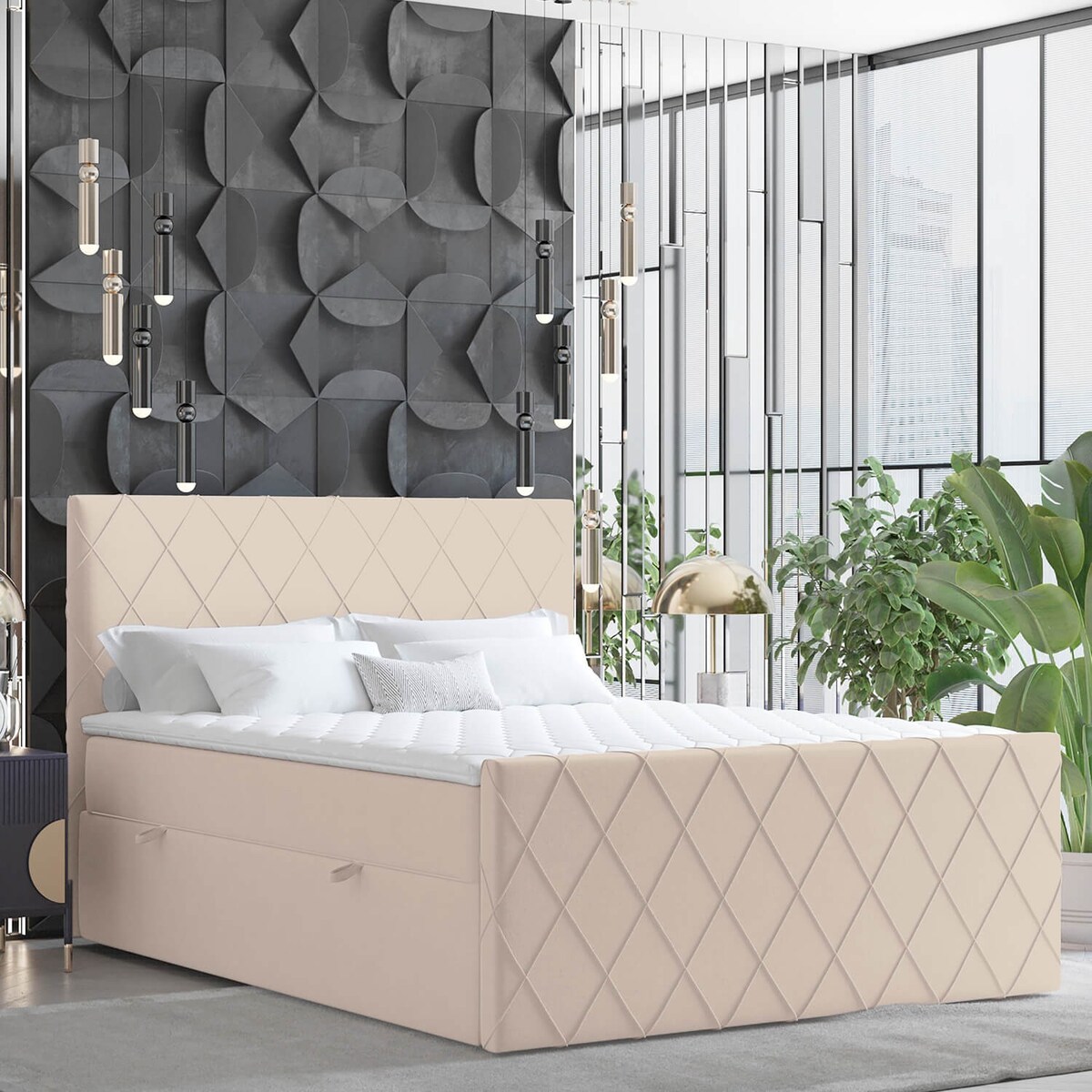 Łóżko kontynentalne PLATINE 200x200 z pojemnikiem, Jasny Beż, tkanina Magic Velvet 2282